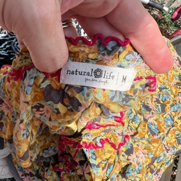 Natural Life Yellow Ruffle Tiered Embroidered Boho Summery Festival Mini Dress M - Picture 6 of 6